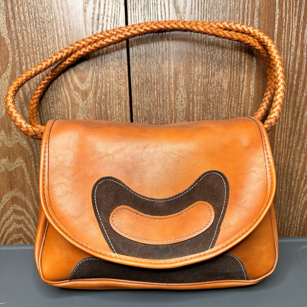 Vintage Tan Leather Shoulder Bag with Braided Strap Suede Inlay Boho Coastal